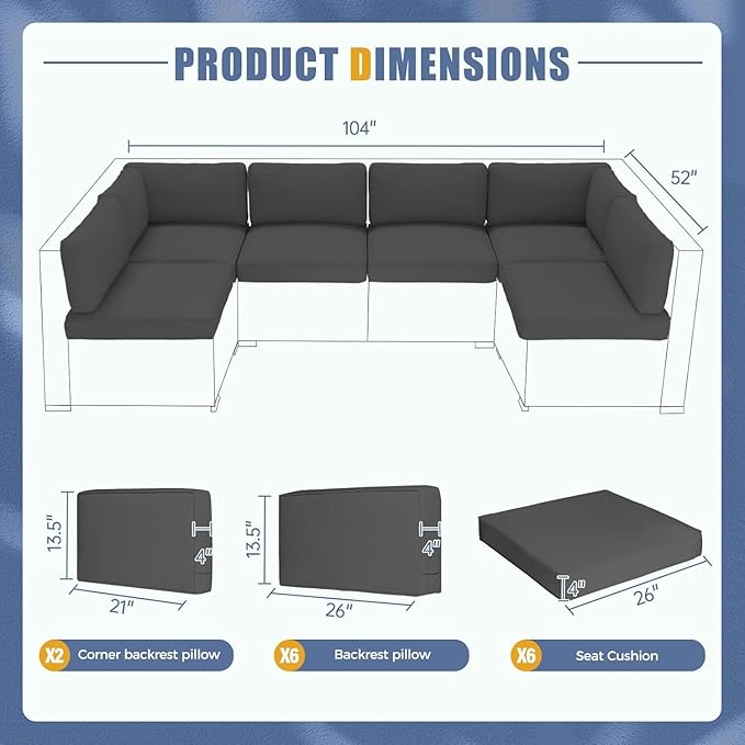 Betterland Outdoor Cushions for Patio Furniture, Replacement Patio Cushion for Patio Sofa Sets, Water-Resistant and Spongy Cushions for Outdoor Sectional（Dark Grey）