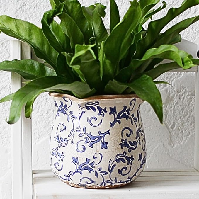 Retro Distressed Ceramic Flower Pots, Antique Crackle Glaze Planters with Drainage for Indoor Plants, Blue and White Chinoiserie Pottery Vase for Living Room Balcony Office Decor, Gardening Gifts
