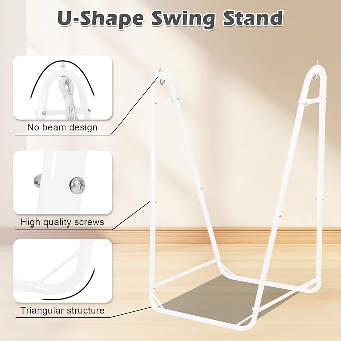 Hammock Chair with U Shape Stand, Cotton Swing Chair with Side Pocket, Heavy-Duty Metal Frame with Hanging Seat, Multi-Functional Swing Stand for Indoor and Outdoor Patio Yard Garden (WhiteGray)