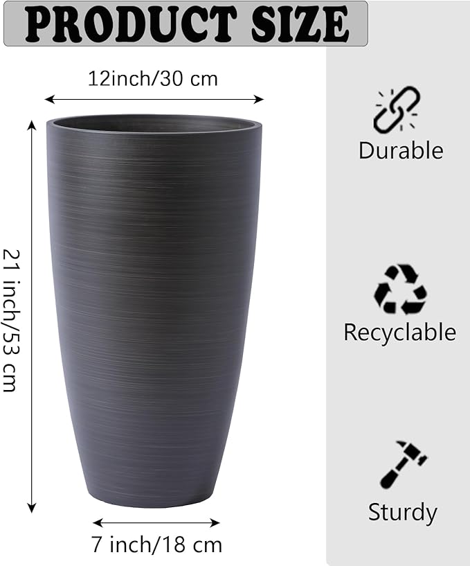 Tall Round Planter 2Pack-11.8"W*21"H Dark Wooden Grain Finish Flower Pots Indoor Decorative Container Garden Patio Outdoor Indoor Plants Unbreakable Resin With Drainage Hole&Movable Insert Shelf