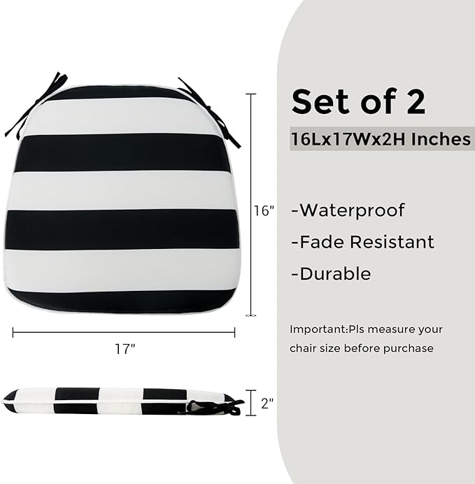 FUNHOME Outdoor Chair Cushions Set of 2,Patio Seat Cushion 17"x16"x2",U-Shaped Dining Chair Cushion 17 by 16 Inch,Water Resistant,Fade-Resistant Chair Pads for Kitchen Garden Furniture(Black White)
