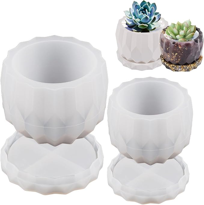 2-Pack Silicone Planter Mold - Easy Demold Sturdy Silicone w/Bottom Bracket (Stable+Drain) for DIY Succulent Pots, Storage Containers, Candle Holders