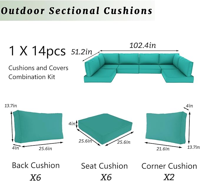 Outdoor Sectional Cushions Replacement Set, 26x26in Patio Furniture Cushions, 14 Pieces Waterproof Outdoor Couch Cushion for 6 Seat Wicker Conversation (Lake Blue)