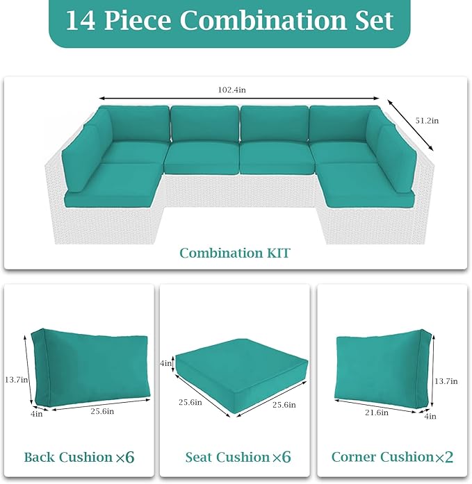 Outdoor Sectional Cushions, 4" Foam High-Density, Water-Resistant Couch Cushions Replacement Set, 14 Piece Patio Sectional Cushion for 6-Seat Sectional Patio Conversation Sets (Lake Blue)