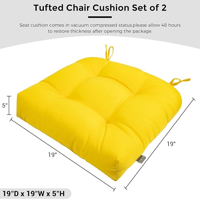 FUNHOME Outdoor Chair Cushions 19 x19 Inch,Water Resistant Tufted Seat Cushions 19",Reversible,Weather Resistant,Rounded Back Wicker Chair Cushion for Patio Garden Furniture(Yellow)