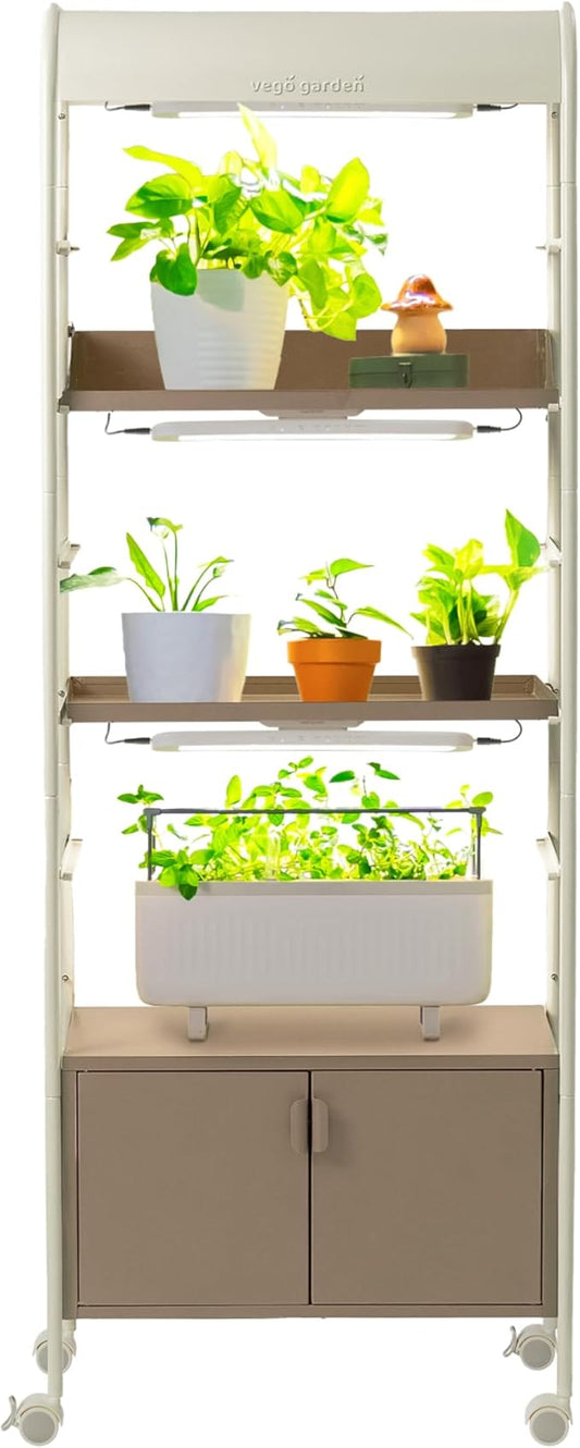Vego garden 4 Tier Rolling Metal Corner Plant Stand Indoor with Grow Light, Display Shelf with Storage & Full Spectrum LED Grow Light, Plant Rack for Seed Starting, Leafy, Herbs, Fruits & Microgreens