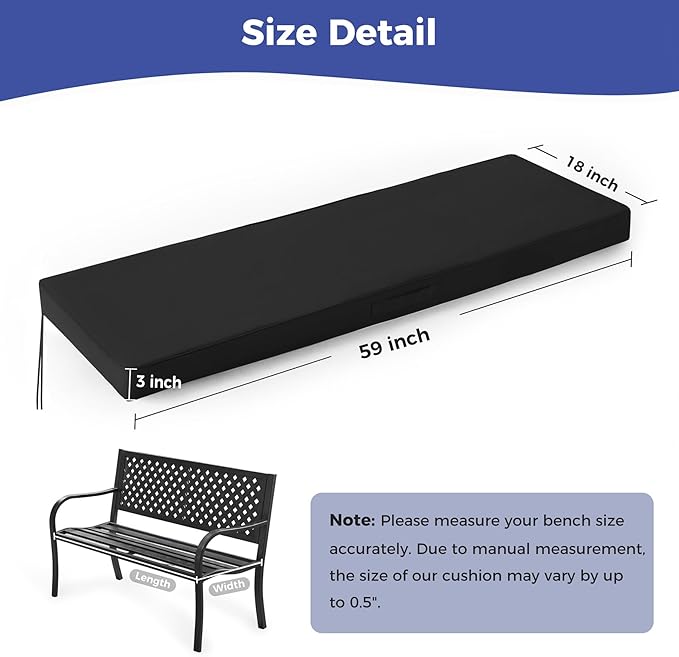 Outdoor Bench Cushions for Outdoor Furniture, 59x18x3 Inch, Waterproof Bench Pillow, Fade Resistant Long Bench Seat Pads for Garden, Indoor, Porch Swing, Black