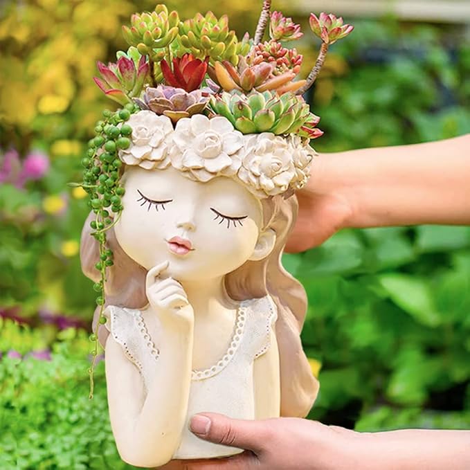 Cute Succulent Plant Pot with Drainage Hole large girl face planter pot big Resin lady head planter 11 inch tall flower vases for indoor and Outdoor plants fairy garden gift for plants lover