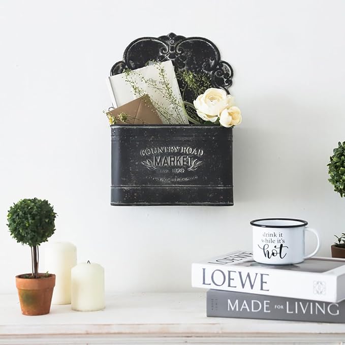 All Chic Set of 2 Metal Hanging Wall Planters Outdoor Indoor Mail Wall Mounted Planter Antique Shabby Chic Wall Decor (Black)
