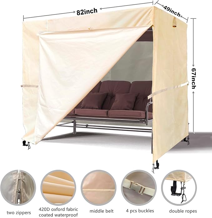 Outdoor 3 Triple Seater Hammock Swing Cover - Garden Glider Chair Canopy - UV Resistant (82 * 49 * 67 inch) Beige