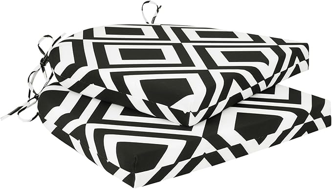 Cozyide Outdoor Chair Cushions, Waterproof Patio Seat Cushions with Adjustable Straps, Round Corner Patio Chair Cushions for Garden, Black Geometry, 17x16x2 Inch (Pack of 2)