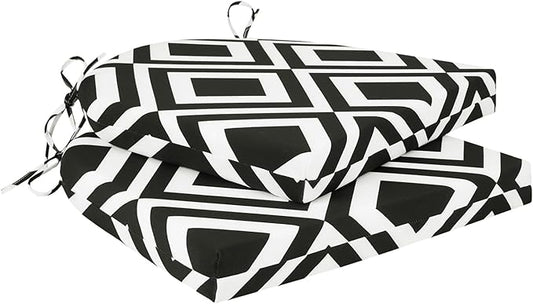 Cozyide Outdoor Chair Cushions, Waterproof Patio Seat Cushions with Adjustable Straps, Round Corner Patio Chair Cushions for Garden, Black Geometry, 17x16x2 Inch (Pack of 2)