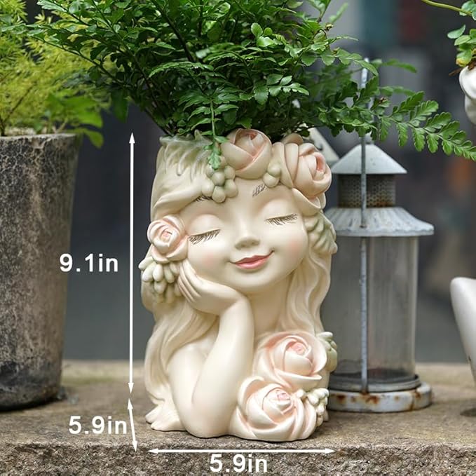 Decorative Garden Fairy Head Planter, Resin Flower Pot Sculpture, Pearl White with Rose Details