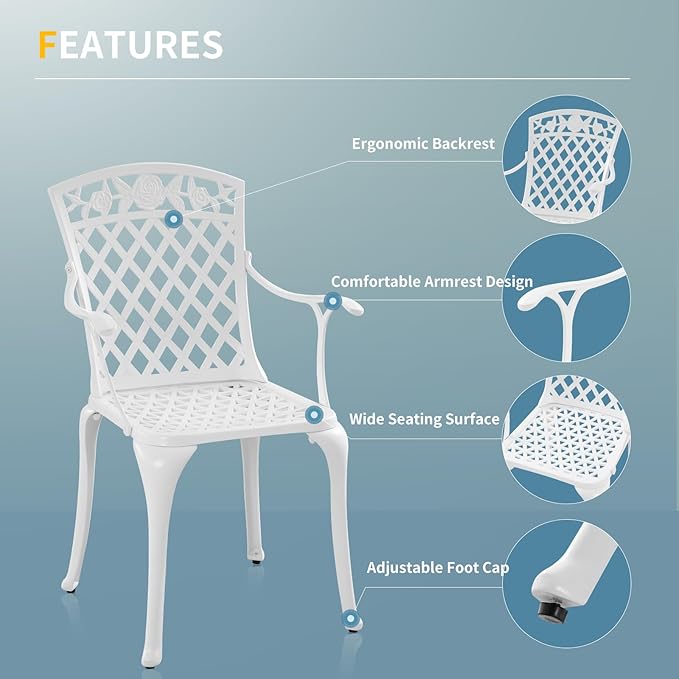 Sturdy Patio Chairs Cast Aluminum Outdoor Dining Chairs with Armrest, Outdoor Bistro Seating Chair for Garden, Backyard - 2 Pack, White