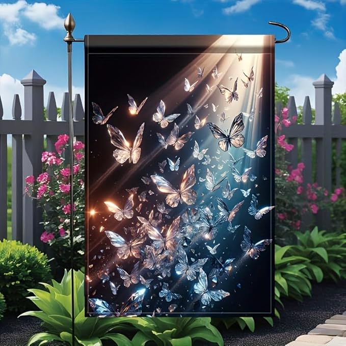 Crystal Butterfly Garden Flag 12x18 Inch Double Sided Outdoor Yard Banner Shimmer Light Art Butterfly Design for Spring Summer Patio Lawn Porch Seasonal Decoration