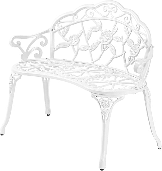 VINGLI 38.5" Patio Park Garden Outdoor Metal Rose Bench, 2-Person Cast Iron Cast Aluminium Frame Antique Finish Chair,Accented Lawn Front Porch Path Yard Decor Deck Furniture (White, Rose)