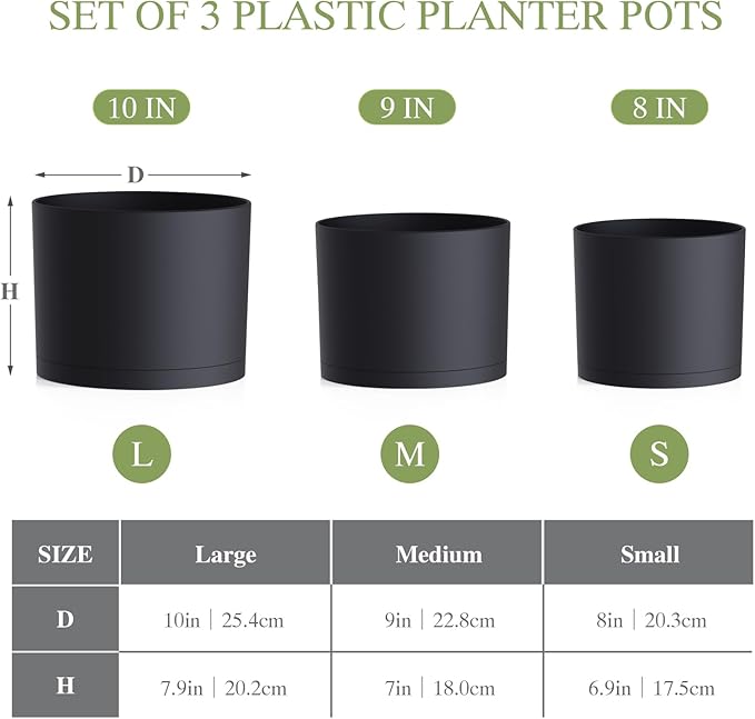 (3 Pack) 10 Inch Plant Pot with Drainage and Saucers, 10/9/8 Inch Plastic Plant Pots for Indoor Plants, Modern Round Planter Set for Flowers, Herbs, Garden Decor (Black)