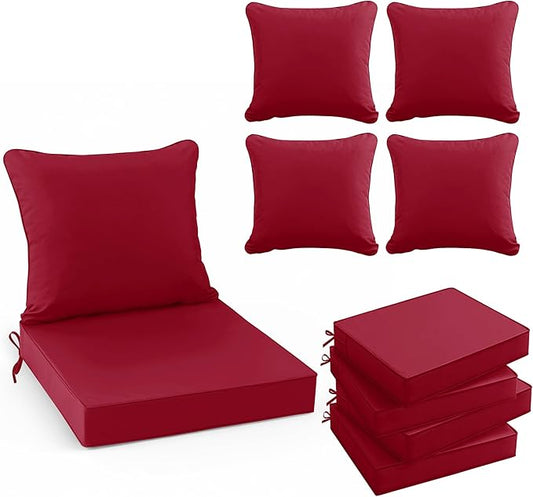 Outdoor Chair Cushions Set of 4, Waterproof Back Pillow and Seat Cushion Set for Patio Furniture, Outdoor Sofa Replacement Cushions with Removable Cover, 22 x 22 Inch, Red
