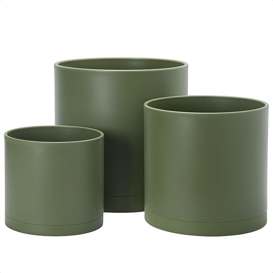 D'vine Dev 8 Inch 10 Inch 12 Inch, Set of 3 Plastic Planter Pots for Plants with Drainage Hole and Seamless Saucers, Olive, X-Large, 74-V-I-5