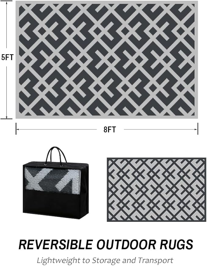 LILIOFFIC Outdoor Rug for Patio Clearance, 5'x8' Waterproof Plastic Patio Mat, Reversible Camping Rugs, Rv, Porch, Deck, Camper, Balcony, Backyard, Gray