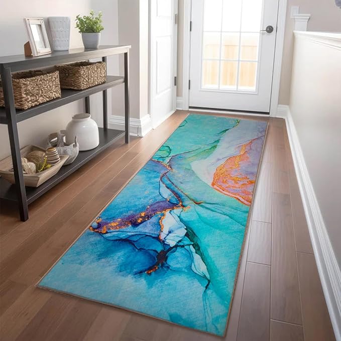 2.3' x 7.5' Washable Indoor Outdoor Teal Runner Rug for Hallway, Kitchen, Stain Resistant, Easy Clean, Modern Runner Rug for Indoor/Outdoor Patio, Deck, Kitchen, Hallway, Bathroom