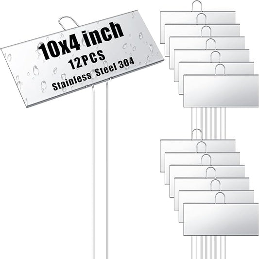 Landhoow 12 Pcs Large Garden Plant Markers Metal Plant Labels Sign 10'' x 4'' with 16.5'' Stake Weatherproof Waterproof Garden Sign for Outdoor Seedlings Herbs Vegetable Greenhouse, Silver