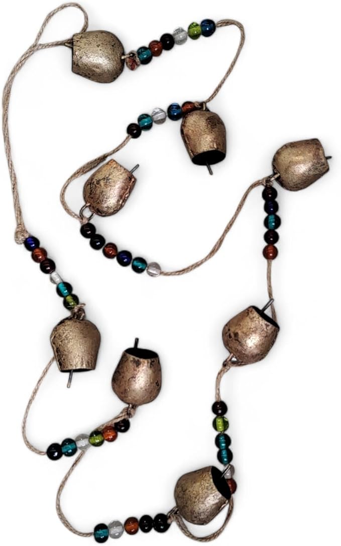 Vintage Rustic Metal Dome Bells Garland with Multicolor Glass Beads – Handcrafted Hanging Decor for Indoor Outdoor Garden, Patio, Farmhouse & Boho Style (8 Bells)
