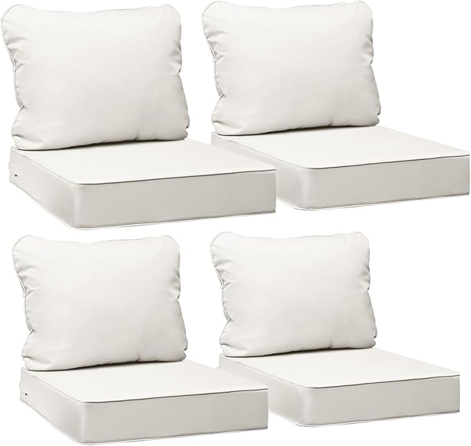 AAAAAcessories Outdoor Seat Cushions for Chairs, Fade-Resistant, Waterproof Patio Furniture Replacement Cushions, 25.5" x 25.5" x 5" + 25.5" x 19", Set of 4, Creamy White