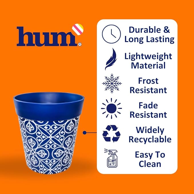 Hum Flowerpots, 10 inch Set of 3, Various Patterns Colors and Sizes, Indoor/Outdoor Plastic Plant Pots (Blue Maroc)