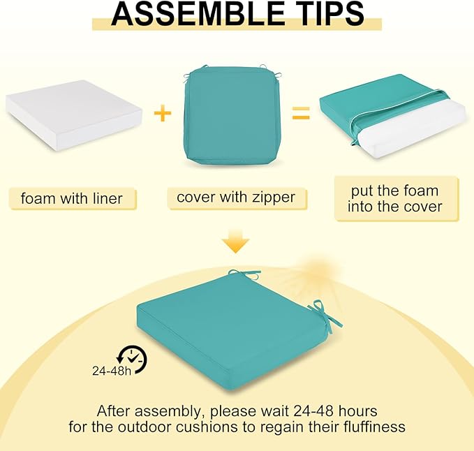 downluxe Waterproof Outdoor Chair Cushions for Patio Furniture, 19" x 19" x 2" Patio Chair Cushion with Adjustable Ties & Portable Handle, Square Outdoor Cushion with Removable Cover, Teal, 2 Pack