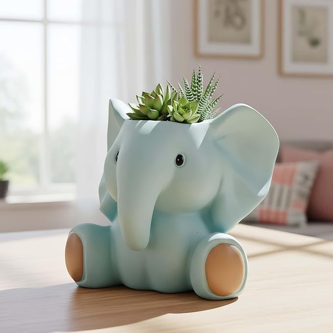 Small Plant Container | Unique Resin Flower Pot Sculpture | Succulent Flower Pot | White Elephant Gifts for Women | Perfect Plant & Elephant Gifts | Indoor & Outdoor Use (Blue)