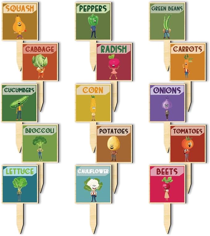 arricraft 15 Pcs Wooden Plant Tags, Vegetable Anthropomorphic Pattern Plant Tags Colorful T-Shaped Plant Markers Bulk for Indoor Outdoor Lab Garden Nursery Potted Plant Markers