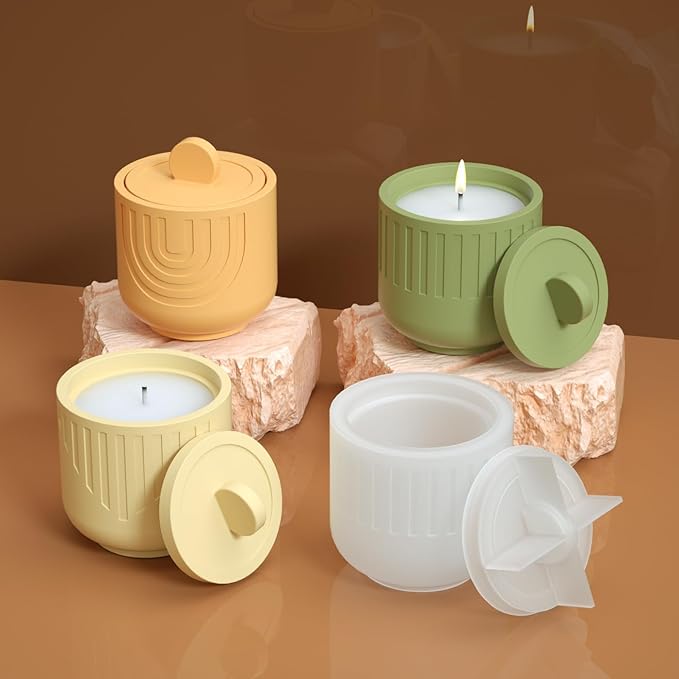 Storage Box with Lids, Silicone Jar Molds Set, Creative Vessels Pot Molds, Concrete Round Stripe with Cover Bottle Making Moulds for Candle Holder (D-Striped-V)