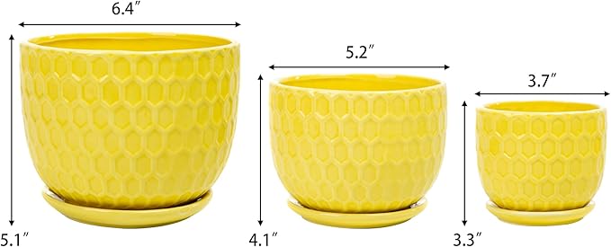 Yellow Ceramic Flower Pots with Saucers, Modern Round Ceramic Succulent Plant Pots with Honeycomb Inspired Texture Design, Small to Medium Sized, Set of 3