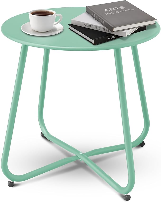 Patio Side Table Waterproof Round Metal Steel Weather Resistant Portable Outdoor and Indoor End Table for Garden Balcony Yard, Bean Green