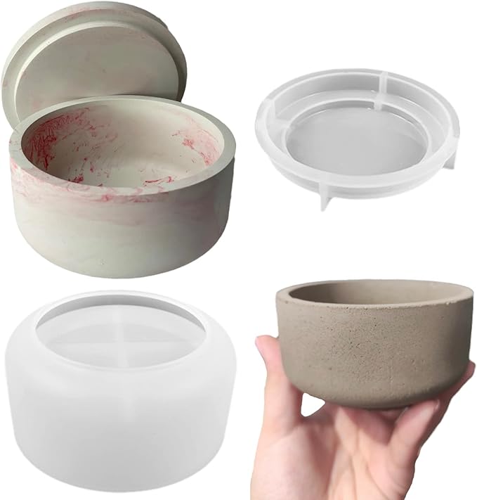 Storage Box with Lids Candle Jar Molds Set, Creative Silicone Candle Vessels Pot Molds, Concrete Round Stripe with Cover Bottle Making Moulds for Storage Candle Holder (A)
