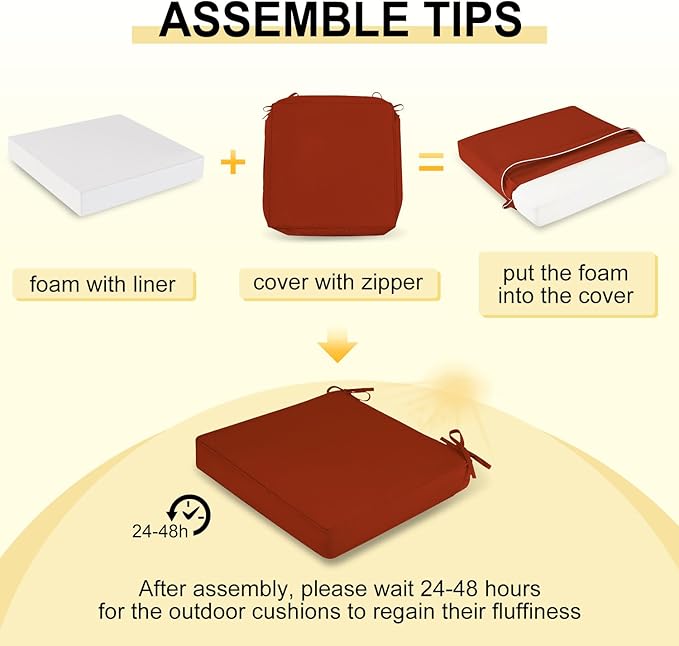 downluxe Waterproof Outdoor Chair Cushions for Patio Furniture, 19" x 19" x 2" Patio Chair Cushion with Adjustable Ties & Portable Handle, Square Outdoor Cushion with Removable Cover, Orange, 2 Pack
