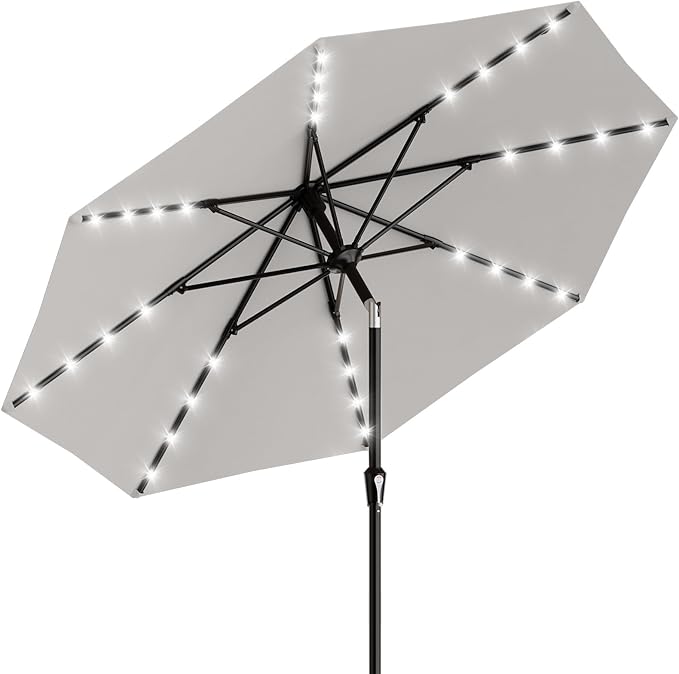 AreShark 9FT Patio Umbrella with Solar Lights, 32 LED Lighted Pool Umbrella w/Tilt and Crank, Outdoor Market Solar Umbrellas for Garden, Deck, Backyard, Pool and Beach, Light Gray