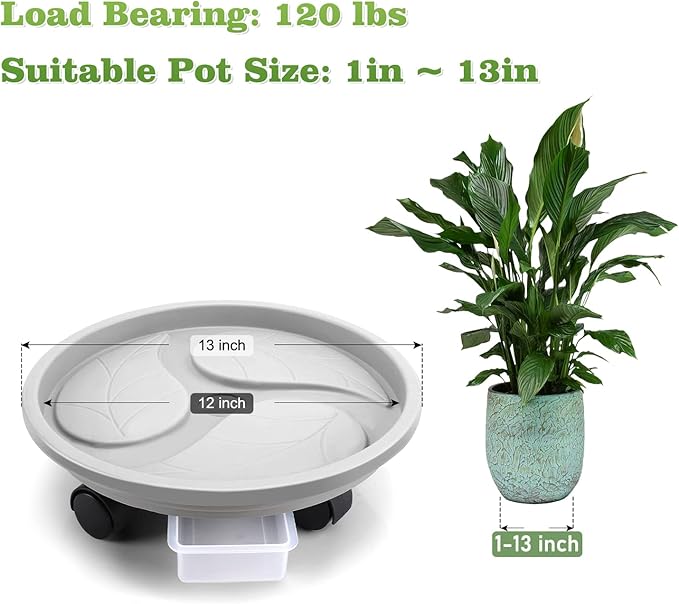 Looca Plant Caddy with Wheels and Drainage Tray, 13”Rolling Plant Stand Flower Pot Mover, Planter Caddies Round Plant Dolly for Heavy Duty Planter, 3 Pack, Bearing 120 lbs (Grey)