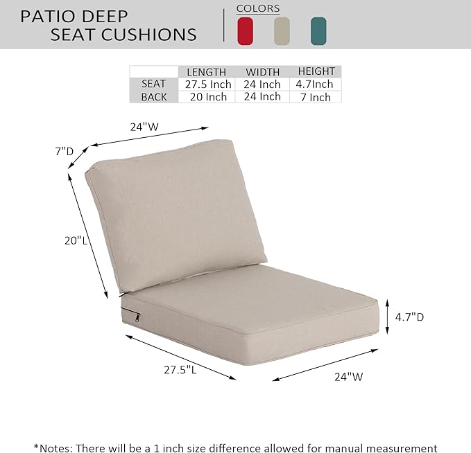 24"x27.5" Outdoor Deep Seat Patio Cushions Set of 2, Deep Seat Bottom Resilient Foam Filling Water-Resistant Stain-Resistant UV Resistant Weather Resistant with YKK Zippers, Putty