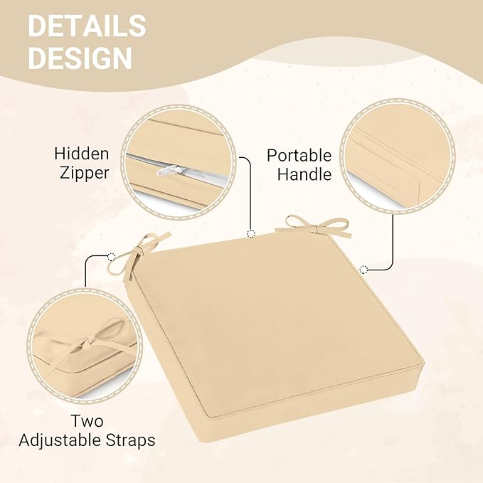 downluxe Waterproof Outdoor Chair Cushions Set of 2, 19" x 19" x 3" Patio Chair Cushion with Non-Slip Ties & Handle, Square Outdoor Cushion for Patio Furniture with Removable Cover, Beige