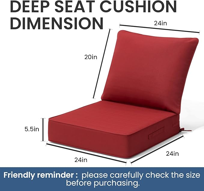 Crestlive 5.5" Outdoor Cushion for Patio Furniture Set of 2, 24 x 24, Waterproof and Fade-Resistant Deep Seat Cushions for Chair, Wicker Sofa and Couch, Chili