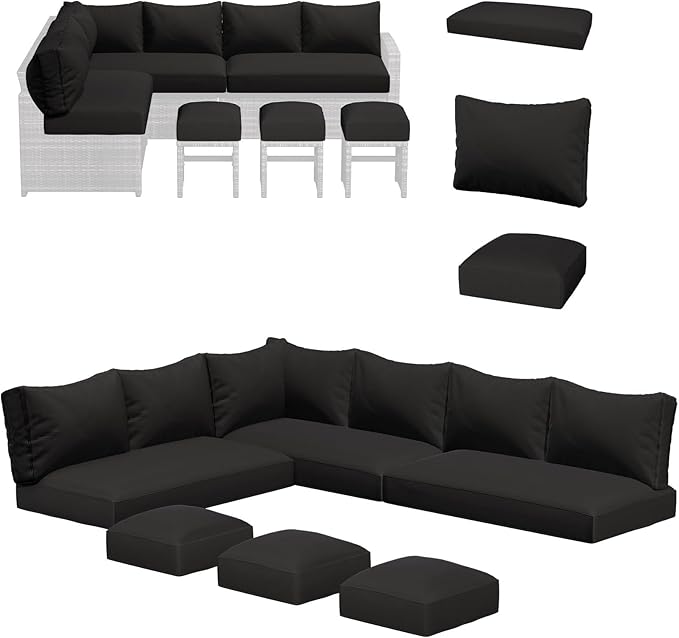U-MAX Outdoor Cushions for Patio Furniture, Memory Foam Patio Replacement for Outdoor Furniture, Fits 7-Seats Sectional Rattan Conversation Set, Black