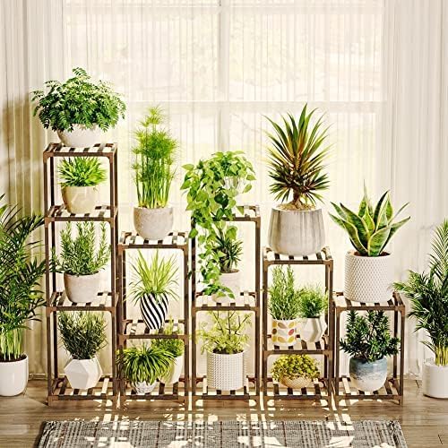 Bamworld 5 Sets Plant Stands Indoor Outdoor Combo Plant Shelves Wooden Plant Holder Rack for Multiple Plants Flower Stands for Living Room Balcony Garden Patio Lawn Window