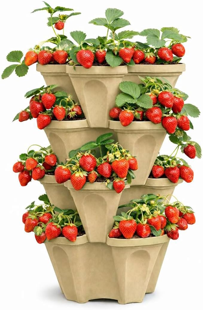 Vertical Garden Planter 4 Tier Stackable System 16 Plants, Space Saving Herb, Strawberry & Food Crop Planter with Center Support Hole for Indoor Outdoor Gardening (4, Desert Sand, Small)