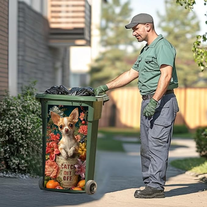2PC Trash Can Sticker 14.57 x 32.28 Inch Cute Dog Design Floral Theme Decorative Garbage Bin Cover Outdoor Trash Can Decal Art for Home Yard Garden Pet Lovers Decoration