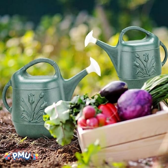 PMU 2 Gallon Watering Can - Garden Watering Can for Indoor & Outdoor Plants - Plastic Water Can with Detachable Sprinkler Head - Large Water Pot, Made in USA - Hunter Green Pkg/12