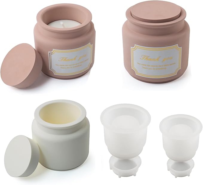 Storage Box with Lids Candle Jar Molds Set, Creative Silicone Candle Vessels Pot Molds, Concrete Round Stripe with Cover Bottle Making Moulds for Storage Candle Holder (K-2Pcs)