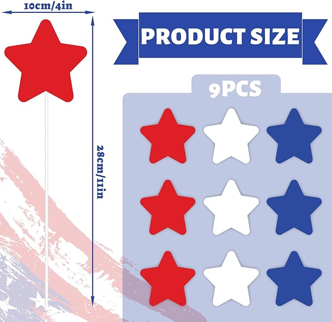 JarThenaAMCS 9Pcs Patriotic Star Metal Planter Stakes 4th of July Star Decorative Garden Stakes Red Blue White Yard Sign for Planter Pot Walkway Lawn Independence Day Decor