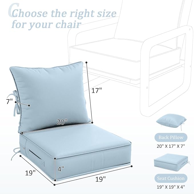 Outdoor Patio Chair Cushions Set 19 L X 19 W X 4 H Inch Waterproof & Fade Resistant Deep Seat and Back Cushions with Removable Covers Outdoor Seat Cushion Set for Chairs and Sofas